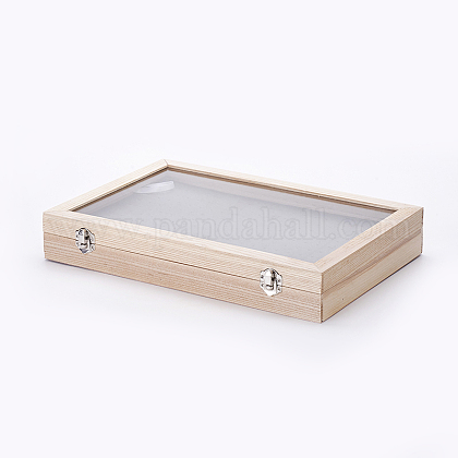 木製スタッドピアスプレゼンテーションボックス  ガラスとベルベットの枕で  長方形  アンティークホワイト  350x240x5.5cm ODIS-P006-10-1
