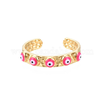 Real 18K Gold Plated Brass Open Cuff Ring with Enamel Evil Eye for Women RJEW-Q166-02E-1