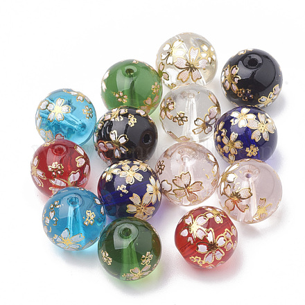 Perles de verre transparentes peintes de fleurs GLAA-Q071-01-1