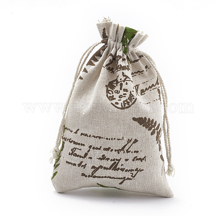 ポリコットン（ポリエステルコットン）パッキングポーチ巾着袋  印刷された葉と言葉で  ココナッツブラウン  18x13cm ABAG-S003-05B-1