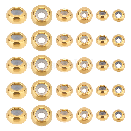 Unicraftale 30 pz perline distanziatrici dorate con gomma all'interno perline di scorrimento in 3 dimensioni perline sfuse in acciaio inossidabile distanziatori in metallo per la creazione di gioielli fai da te STAS-UN0039-17-1