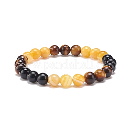 Bracelet extensible perles rondes agate naturelle & oeil de tigre & onyx noir BJEW-JB08400-05-1