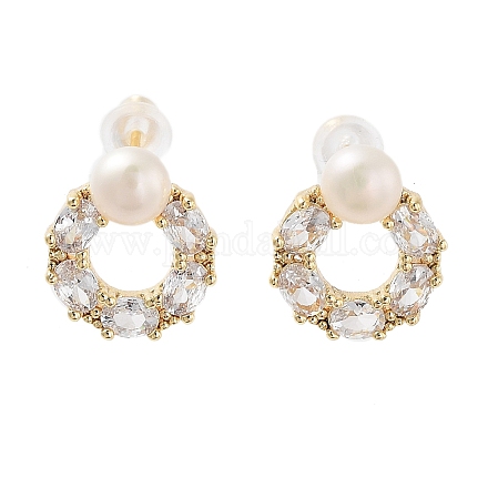 Ring Natural Pearl Stud Earrings with Brass Micro Pave Cubic Zirconia and 925 Sterling Silver Pins EJEW-P256-88G-1