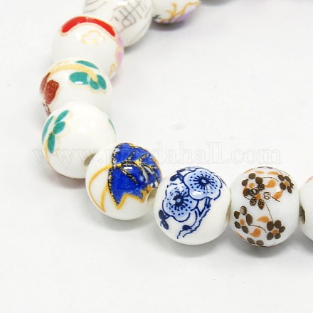 Abalorios de la porcelana mezcla de estilos de la flor hecha a mano de cerámica impresa redondas hebras PORC-M004-01M-1