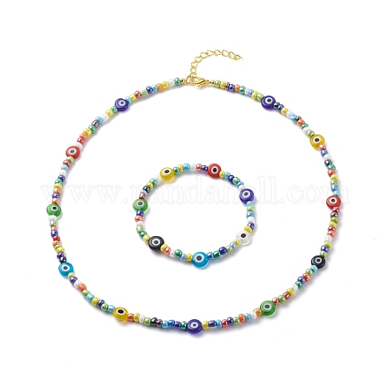 Lampwork mauvais œil et perles de verre collier bracelet extensible SJEW-JS01246-1