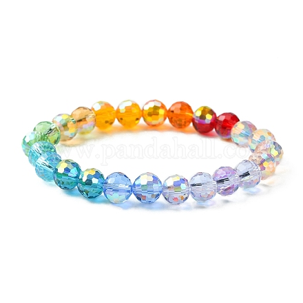 Pulseras elásticas de vidrio redondo facetado de color arcoíris para mujer BJEW-JB09481-01-1