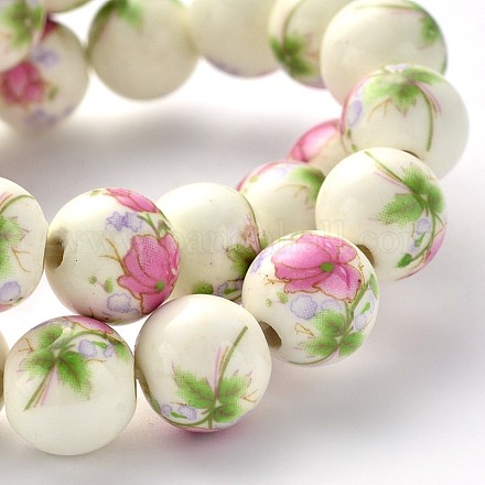 Flower Printed Round Handmade Porcelain Beads Strands PORC-M010-12mm-10-1