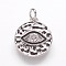 Hammered Brass Pendants, with Cubic Zirconia and Enamel, Flat Round with Eye, Platinum, 17x14.5x3mm, Hole: 3mm