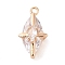 Brass Inlay Clear Glass Pendants, Rhombus with Cross, Real 18K Gold Plated, 18.4x10.3x7.8mm, Hole: 1.5mm