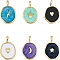 Brass Enamel Pendants, Flat Round with Mixed Pattern, Golden, Mixed Color, 18~18.5x13~14x2~2.5mm, Hole: 3.5x2mm, 6pcs/box
