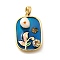 Brass Dodger Blue Glitter Enamel Rectangle Pendants, Natural Freshwater Pearl Flower Charms, with Polymer Clay Rhinestone, Real 18K Gold Plated, 24x16x7.5mm, Hole: 4.5x3mm
