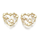 Brass Micro Pave Clear Cubic Zirconia Charms, Nickel Free, Heart & Moon, Real 18K Gold Plated, 14x15x2.5mm, Hole: 1mm