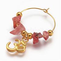 Natural Red Agate Wine Glass Charms, with Brass Wine Glass Charm Rings Hoop  Earrings, Silver Color Plated, 30mm