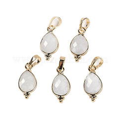 Colgantes facetados de piedra lunar blanca natural, Charms en forma de lágrima de latón chapado en oro, 17.5x9x3.5mm, agujero: 6x3.5 mm