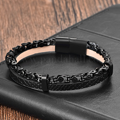 Pulseras de cuero sintético trenzado negro y acero inoxidable 316L de una sola hebra con cierre magnético para hombre.&nbsp;WGA2BB7-01