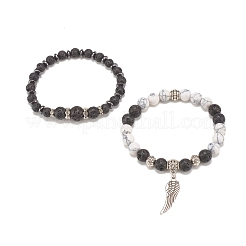2 pièces 2 bracelets extensibles en perles de pierres précieuses mélangées avec aile en alliage&nbsp;BJEW-JB07882