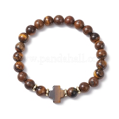 Braccialetti elastici con perline rotonde incrociate in occhio di tigre naturale per uomo e donna&nbsp;BJEW-JB12258-01