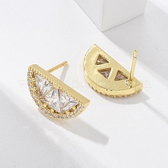 Pendientes de botón de latón semicircular con micro pavé de circonitas cúbicas transparentes&nbsp;EJEW-M077-08G