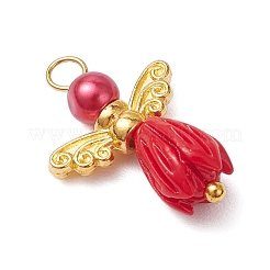 Perline di fiori di resina opaca con perline rotonde di perle di vetro e perline di ali di fata in lega in stile tibetano e perni con testa a sfera in ottone pendenti&nbsp;PALLOY-JF03594