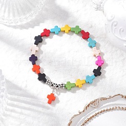 4 bracciale con ciondolo a croce in turchese sintetico di 4 colori&nbsp;BJEW-JB12292