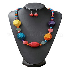 Ensembles de colliers et boucles d'oreilles pendantes en perles rondes et polygonales en bois pour femmes&nbsp;FS-WG70D3F-01