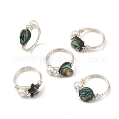 Anillos de alambre de cobre ecológico con conchas naturales de abulón/paua.&nbsp;RJEW-JR01086-02