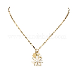 Collares de cadena tipo clip de acero inoxidable 304 con colgante de flor de latón esmaltado y perla natural para mujer.&nbsp;NJEW-JN06358
