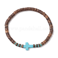Bracciali elastici incrociati in cocco naturale e perline sintetiche turchesi per uomo&nbsp;BJEW-JB11389-01