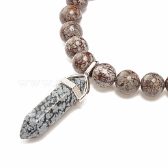 Bracciale elasticizzato con perline rotonde in ossidiana fiocco di neve naturale con ciondolo a forma di proiettile&nbsp;BJEW-JB08310-04