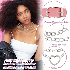 2 stücke legierung herz link pu leder punk choker halsketten für frauen&nbsp;NJEW-UN0001-70B