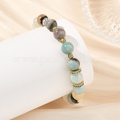 Braccialetti elasticizzati con perline rotonde di amazzonite naturale a forma di fiore da 8.5 mm e perline in ottone.&nbsp;BJEW-JB14459