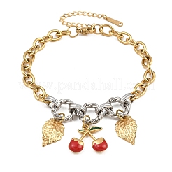 Zweifarbige Armbänder aus Edelstahl 304 mit rotem Kirschblatt-Anhänger und Emaille für Damen&nbsp;SA-CBA717A-05G