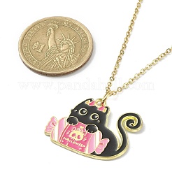 Collar con colgante de gato esmaltado de aleación con temática de Halloween y cadenas de cable de acero inoxidable 304&nbsp;NJEW-JN04371