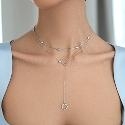 Collana lunga a doppio strato con pendente geometrico in argento e zirconi s925&nbsp;DE2757-2