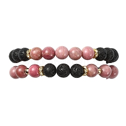 Bracelets extensibles ajustables en rhodonite naturelle et en pierre de lave naturelle&nbsp;BJEW-JB14150-01