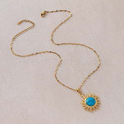 Collier pendentif soleil vintage en acier inoxydable 304 avec pierre turquoise synthétique teintée pour femme&nbsp;TN1181