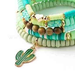 Natürliche Sandelholz-Rund- und Fimo-Heishi-Perlen-Stretch-Armbänder-Sets&nbsp;BJEW-JB07437