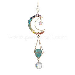 Decoración con colgante de luna de latón y chip de piedras preciosas envueltas en alambre&nbsp;HJEW-TA00089