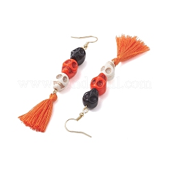 Boucles d'oreilles pendantes en turquoise teintées synthétiques avec tête de mort d'Halloween&nbsp;EJEW-JE05883-01