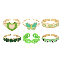 6 Stück 6 Stil sprühlackierte Messing & Messing Emaille & Micro Pave Kubisch Zirkonia Manschettenringe&nbsp;RJEW-LS0001-38