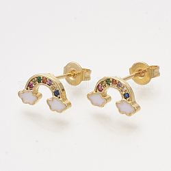 Brass Cubic Zirconia Stud Earrings, with Enamel and Ear Nuts, Rainbow, Golden, White, 6x11mm, Pin: 0.7mm