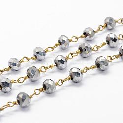 Handgemachte Perlenketten, mit Spule, ungeschweißte, galvaniGlasPerlen mit Messing Zubehör, facettierte Rondelle, Grau, 6 mm, ca. 32.8 Fuß (10m)/Rolle