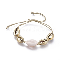 Verstellbare geflochtene Perlenarmbänder aus gewachster Baumwollkordel, mit galvanisierten Kaurimuschel Perlen und natürlichen Kaurimuschel Perlen, weiß, golden, 3~9 cm