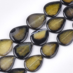 Chapelets de perles en agate naturelle craquelée, teinte, larme, kaki foncé, 40~41x29~31x5.5~7mm, Trou: 2mm, Environ 10 pcs/chapelet, 15.5 pouce