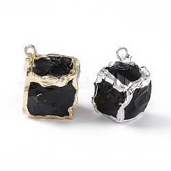 Pendentifs en obsidienne naturelle, avec pendentifs en laiton de placage à crémaillère, breloques de cube, platine et d'or, 25~30x20~25x14~19mm, Trou: 3.5x5mm