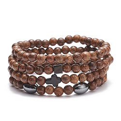4 pièces 4 styles de bracelets extensibles en bois naturel et turquoise synthétique (teint) et hématite avec perles croisées, bijoux en pierres précieuses pour femmes, diamètre intérieur: 2-1/4 pouce (5.7 cm), 1pc / style