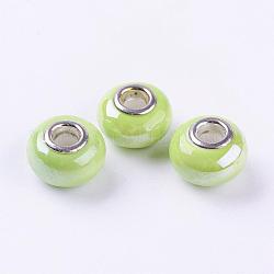 Handmade Porcelain European Beads, with Silver Color Brass Double Cores, Rondelle, Green Yellow, 15x10~11mm, Hole: 5mm