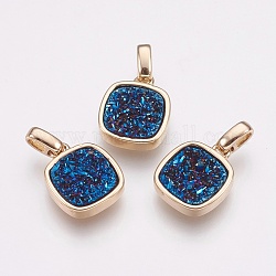 Natural Druzy Agate Pendants, with Brass Finding, Square, Golden, Royal Blue, 13x11x3~4mm, Hole: 2x2.5mm