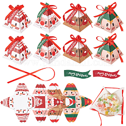 BENECREAT 32Pcs 4 Style Christmas Theme Pyramid Shaped Paper Bakery Boxes, with Bowknot Ribbon, Mixed Patterns, Boxes: 73x73x83mm, 8pcs/style