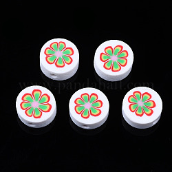 Abalorios de arcilla polimérica hechos a mano, Para suministros de manualidades de joyería diy, plano y redondo con flor, blanco, 9.5~10x4.5mm, agujero: 1.8 mm